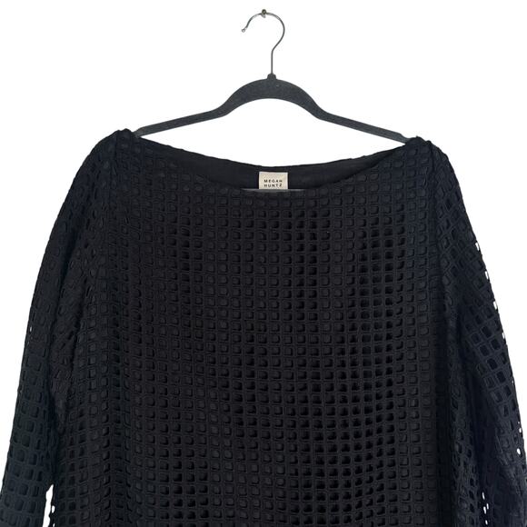 Megan Huntz Atlanta Black Windowpane 3/4 Sleeve Midi Dress Medium M Sheer USA - Picture 2 of 14